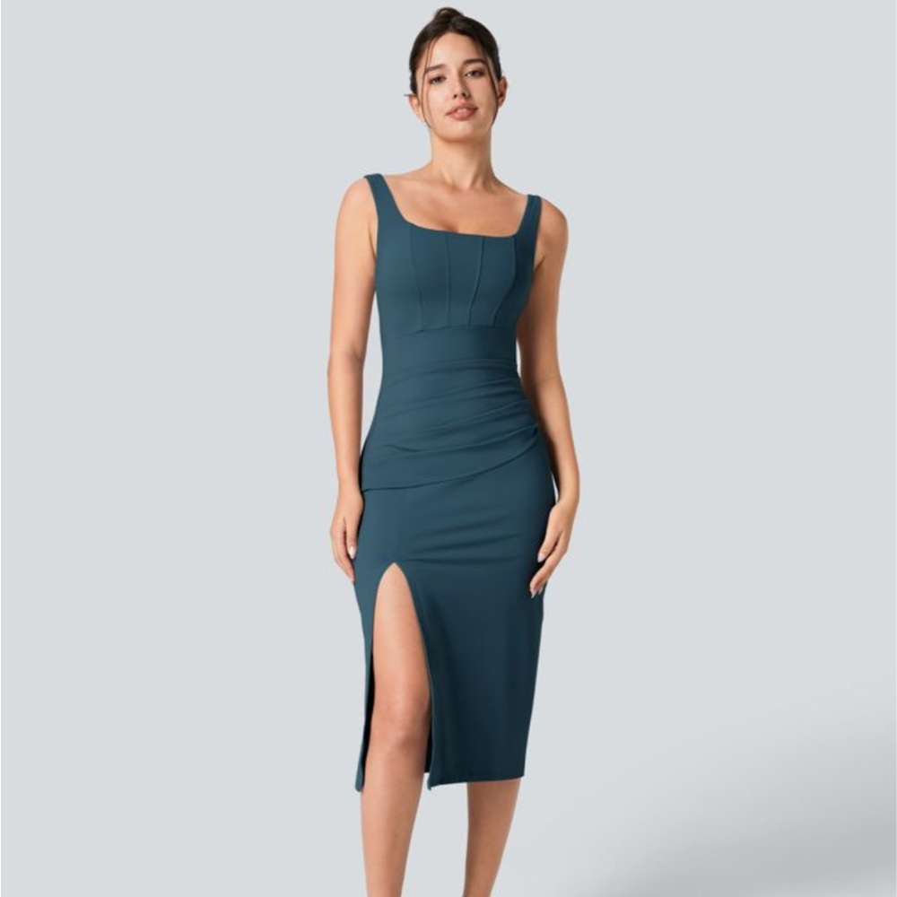 Sleeveless Teal Midi Dress with Side Slit
